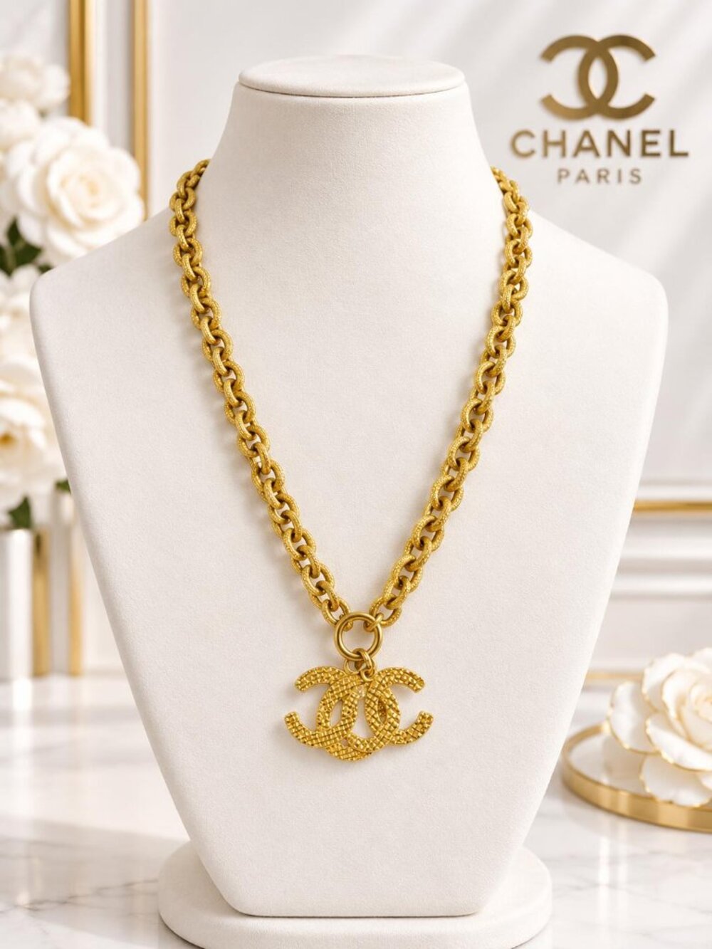 Authentic Chanel Vintage Gold Tone Triple CC Logo Pendant Necklace
